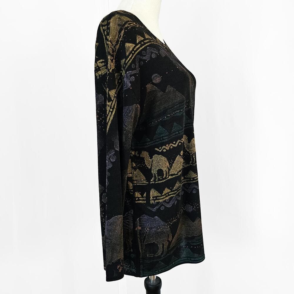 Vintage Las Cafa Medium 90s Desert Oasis Long Sleeve Black Pyramid Camel Shirt - Picture 3 of 5